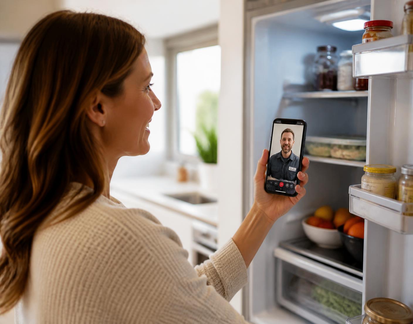 Homeowner holding a phone showing a video call with an appliance technician in front of an open refrigerator